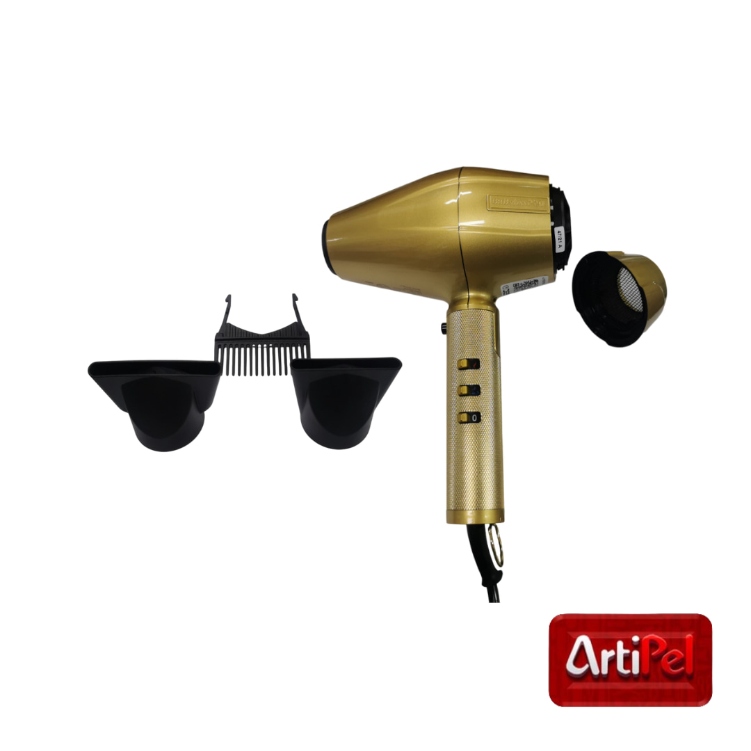 Secador Babyliss GoldFX profesional con motor AC italiano. Babyliss GoldFX con generador de iones y botón de aire frío. Secador Babyliss dorado con accesorios para cabello y barba.