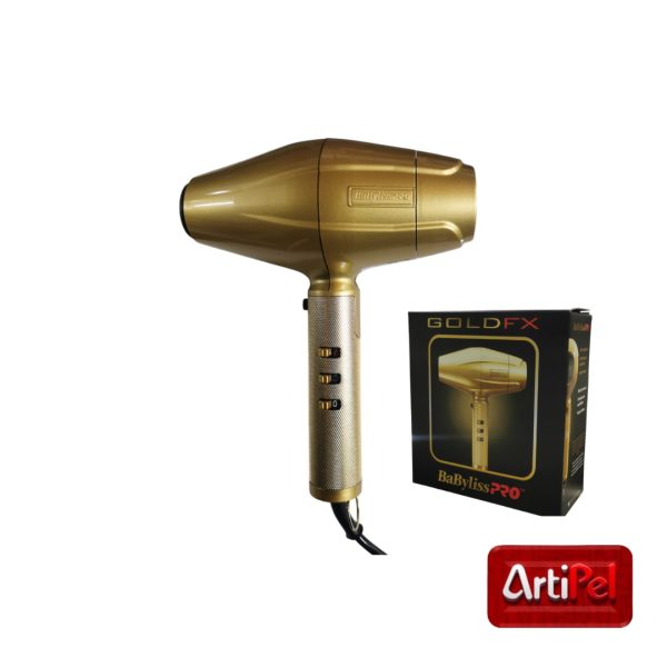 Secador Babyliss GoldFX profesional con motor AC italiano. Babyliss GoldFX con generador de iones y botón de aire frío. Secador Babyliss dorado con accesorios para cabello y barba.