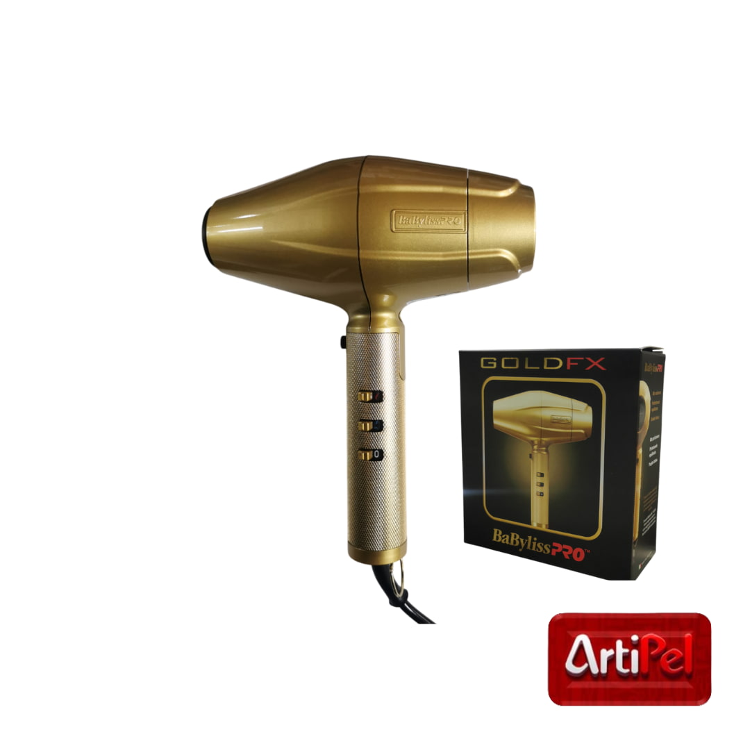 Secador Babyliss GoldFX profesional con motor AC italiano. Babyliss GoldFX con generador de iones y botón de aire frío. Secador Babyliss dorado con accesorios para cabello y barba.